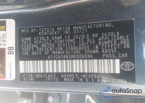 2021 Toyota Avalon Limited Hybrid z USA, uszkodzony, nr VIN 4T1CA1AB5MU006094